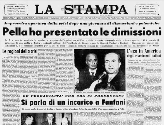 Le dimissioni del governo Pella su La stampa del 6/1/54.