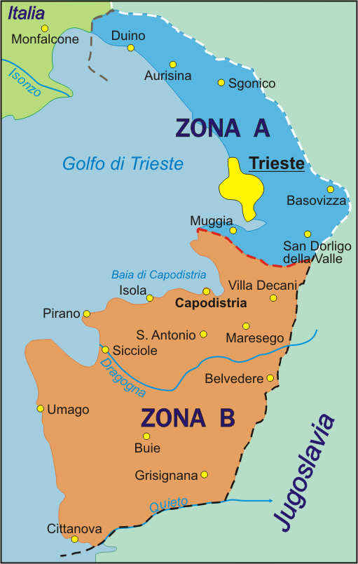 La carta mostra le zone A e B rispettivamente amministrate dalle forze alleate (USA e Gran Bretagna) e dall'esercito jugoslavo.