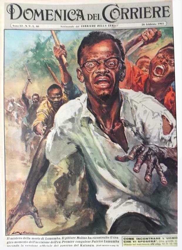 La copertina della Domenica del Corriere illustra la morte di Lumumba seconda la versione del governo del Katanga.