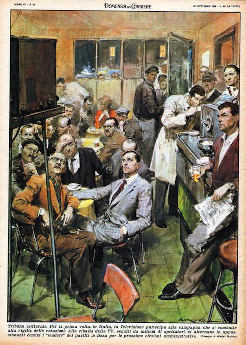 La Domenica del Corriere, con un disegno di Walter Molino, evidenzia l'attenzione popolare riservata alla novità della Tribuna elettorale in TV.