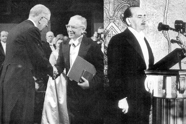 Emilio Segrè (a sinistra) e Salvatore Quasimodo alla consegna del premio Nobel.