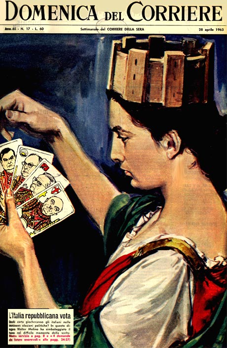 Le elezioni del 1963 nel disegno di Walter Molino sulla Domenica del Corriere.