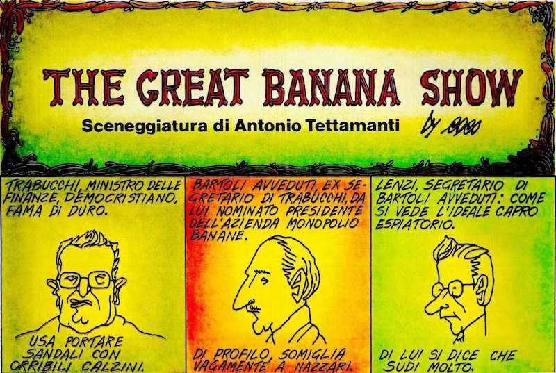 Lo "scandalo delle banane" nei disegni di Coco e con testi di Antonio Tettamanti apparso su Panorama del 1980.