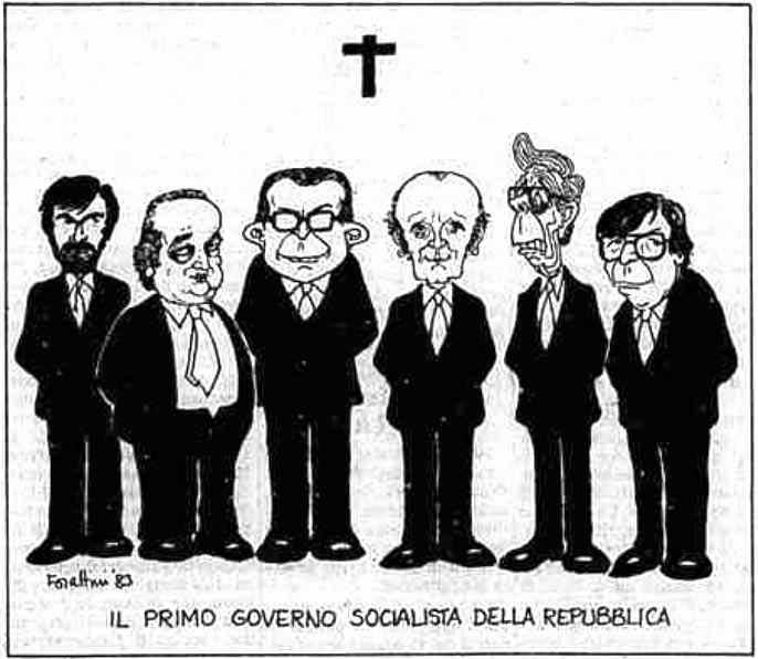 Vignetta di Forattini sulla composizione del I governo Craxi.