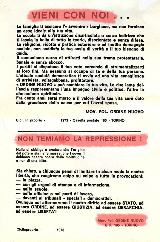 Volantino di Ordine nuovo, che sfida lo scioglimento del gruppo nel 1973.