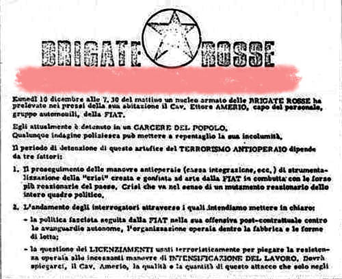 Il volantino delle Br che rivendicano il sequestro di Ettore Amerio.