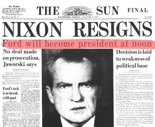 Le dimissioni di Nixon sono sulle prime pagine di tutti i quotidiani.