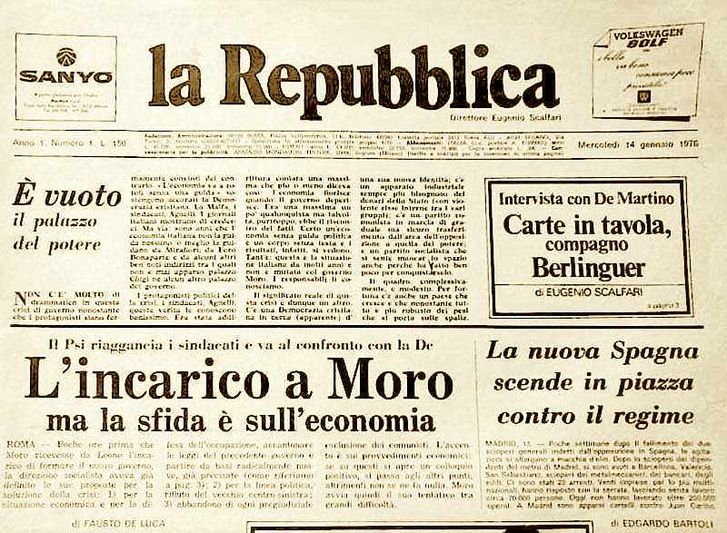 Il primo numero del quotidiano La Repubblica fondato da Eugenio Scalfari.