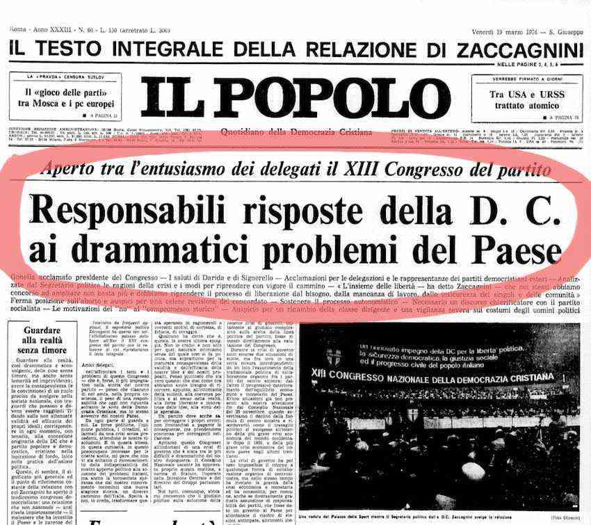 Prima pagina del Popolo per il XIII congresso della DC.