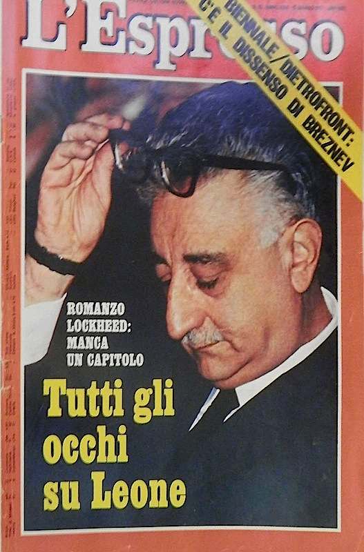 La copertina dell'Espresso dedicata al coinvolgimento del Presidente Leone nello scandalo Lockheed.