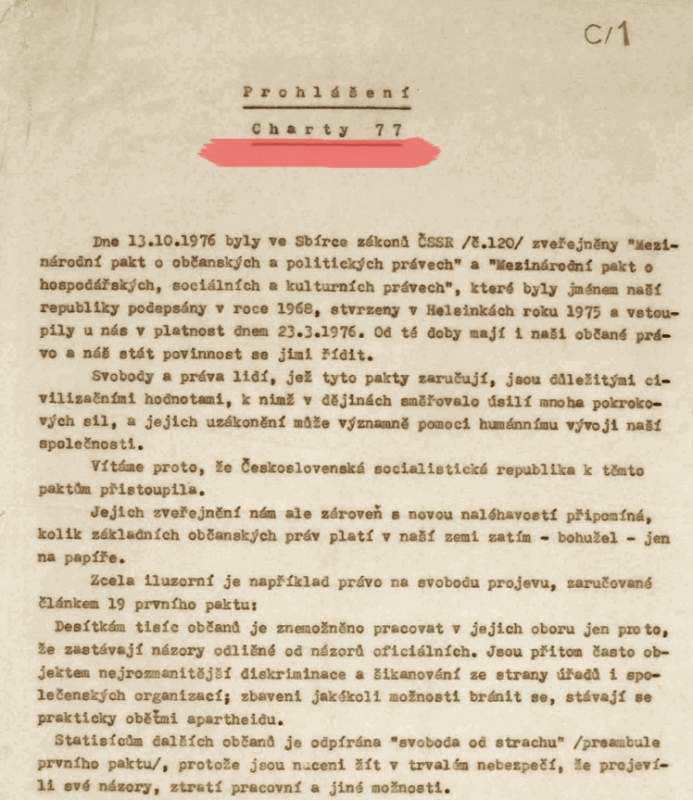 Il dattiloscritto di Charta 77, diffuso a Praga il 1 gennaio 1977.