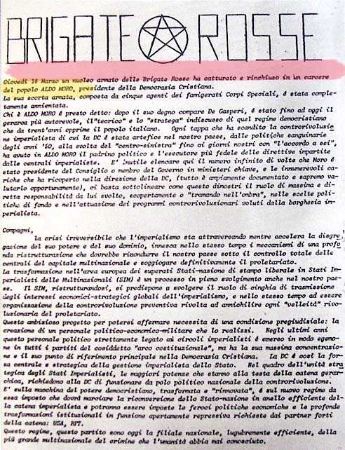 Il comunicato n. 1 delle Br per il sequestro Moro.