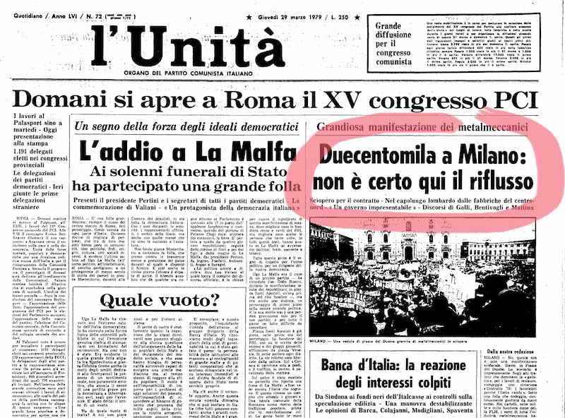 La manifestazione dei metalmeccanici milanesi per il contratto sulla prima pagina dell'Unità.