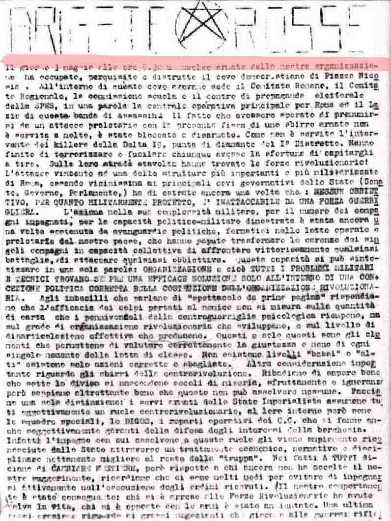 Il comunicato delle Br che rivendica l'assalto di piazza Nicosia.