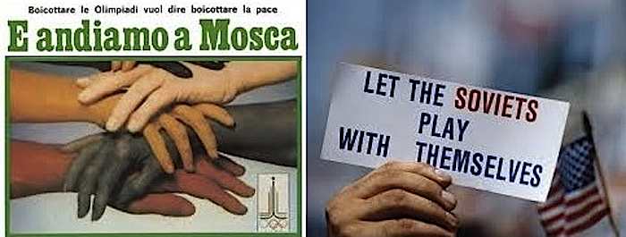 Manifesti di propaganda pro e contro il boicottaggio pacifista alle Olimpiadi di Mosca.