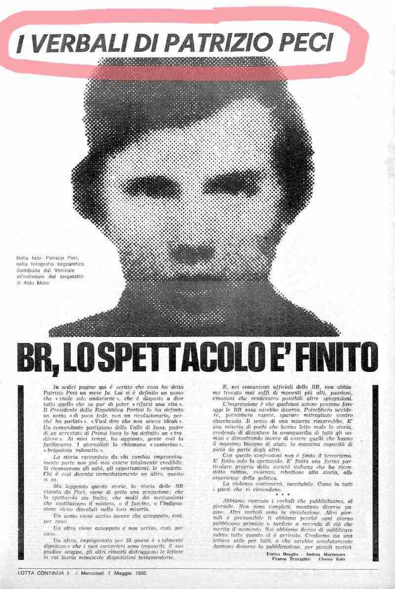 Uno dei numeri di Lotta continua in cui vennero pubblicati i verbali di Patrizio Peci, il primo brigatista pentito.