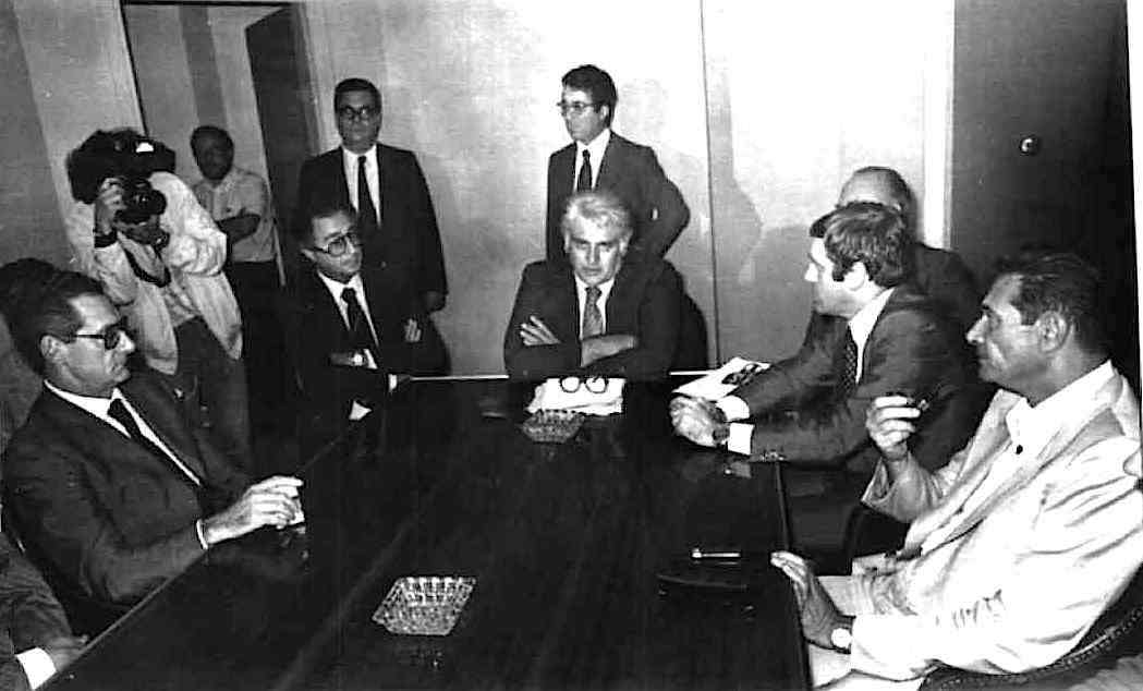 Lama, Carniti e Benvenuto il 5 ottobre 1980 incontrano Romiti, amministratore delegato Fiat, alla presenza del ministro del Lavoro Foschi.