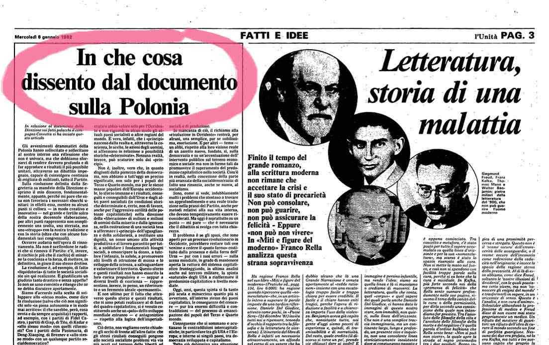 L'articolo di Armando Cossutta apparso su l'Unità del 6 gennaio 1982, che esprimeva il suo dissenso dalla risoluzione del Pci sulla Polonia.