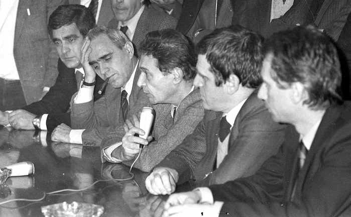 La delegazione dei sindacati confederali che hanno siglato l'accordo per la scala mobile del 22 gennaio 1983.