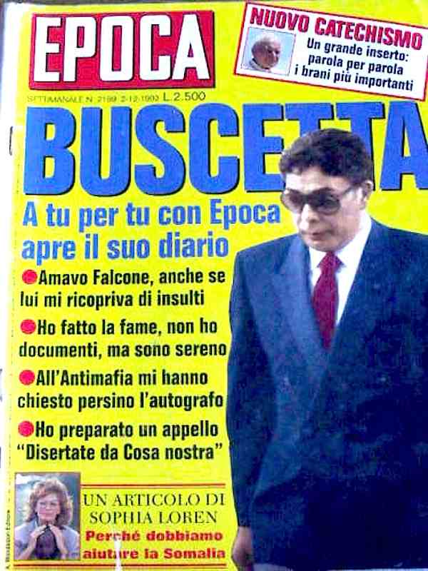 La copertina di Epoca del 1992 dedicata al pentito di mafia Tommaso Buscetta.